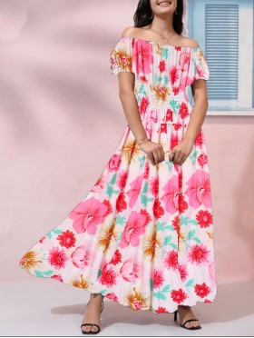 Off-The-Shoulder Floral Print Midi Dress